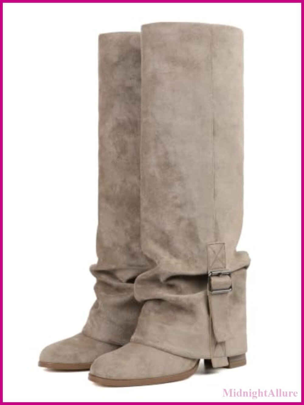 Slouchy Fold Over Knee High Boots Buckle Half Zip Block Heel